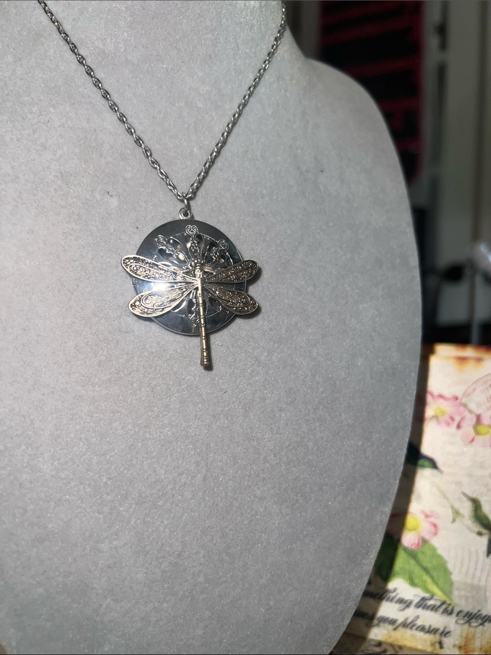 Silver Dragonfly aroma locket Necklace - Picture 3 of 7